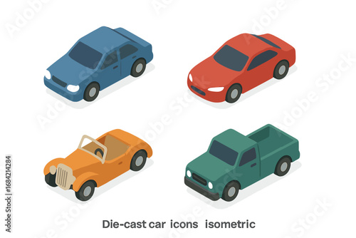 Isometric die-cast toy car icon set. Vector collection of miniature vehicles. Includes sedan, sports coupe, vintage retro convertible, and pickup truck. Flat design automobile graphics.