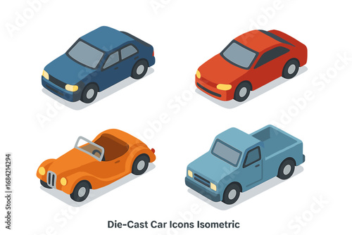 Isometric car icon set. Vector collection of toy cars with a sedan, sports coupe, vintage convertible, and pickup truck. Flat design automobile graphics for transport concepts.