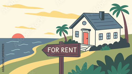 Coastal House For Rent Sunset Ocean View Illustration.