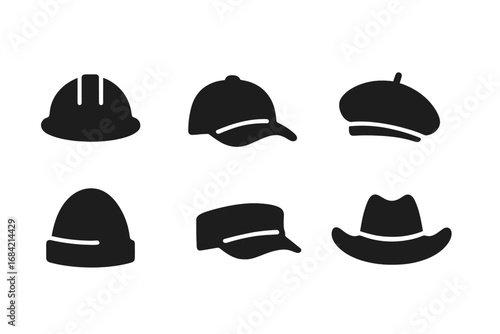 Hat and headwear solid icon set. Vector glyph collection with helmet, cap, beret, beanie, and cowboy hat. Black silhouette graphic elements for web and print design.