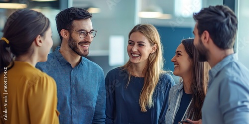 A group of coworkers exchanging compliments in a positive office environment