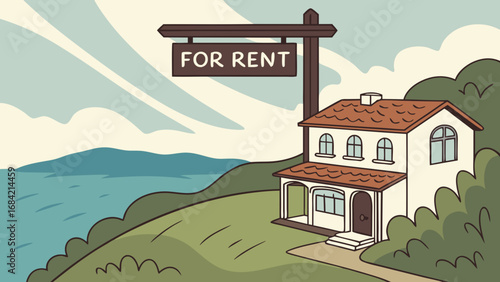 Coastal House for Rent Ocean View Idyllic Home Illustration Real Estate Property Rental Vacation Home Seaside Cottage Dream House House Illustration Cartoon House Rental Property Home Design Architec.