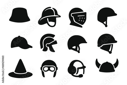 Headwear helmet silhouette icon set. Diverse vector collection of hats and helmets. Knight, roman, viking, firefighter, pilot, witch hat, and baseball cap icons for web design.