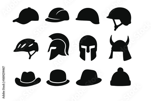 Headwear and helmet silhouette icon set. Vector collection of hats, caps, and safety headgear. Includes spartan, viking, bike, and construction helmets. Graphic symbols.