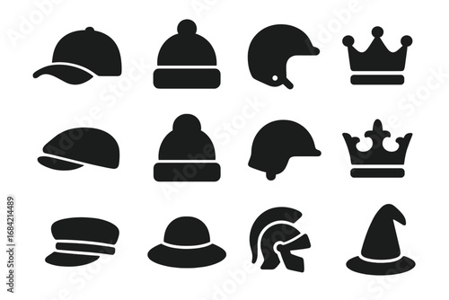 Headwear solid icon set. Collection of glyph symbols including hats, caps, helmets, and crowns. Vector silhouettes for web and mobile UI design. Includes wizard hat and roman helmet.