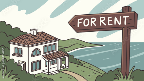 Coastal House for Rent Seaside Property Illustration Vacation Rental Cartoon Home by the Ocean.