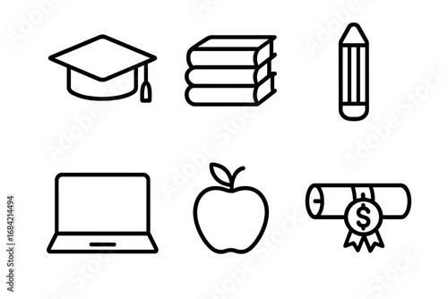 Education and learning outline icon set. School and university symbols for web and app. Graduation cap, book stack, pencil, laptop, apple, scholarship or student loan diploma vector icons.