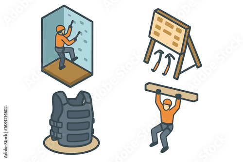 Ice climbing training icon set. Isometric vector illustration of climber workout, conditioning, dry tooling board, indoor wall, weighted vest, pull-ups. Gear for winter sport.