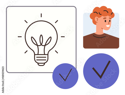 Light bulb symbolizing ideas, smiling individual representing creativity, and two approval checkmarks. Ideal for brainstorming, innovation, approval, success, decision-making, teamwork