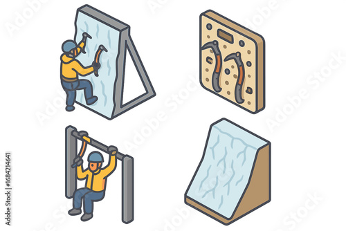 Ice climbing training icon set. Isometric vector illustration of indoor practice wall, dry-tooling board, and climber conditioning. Winter sport, mountaineering workout.