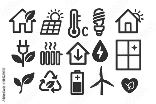 Energy efficient building & sustainable technology icon set. Green home, solar panel, wind turbine for renewable power. Eco friendly vector icons for sustainability design.