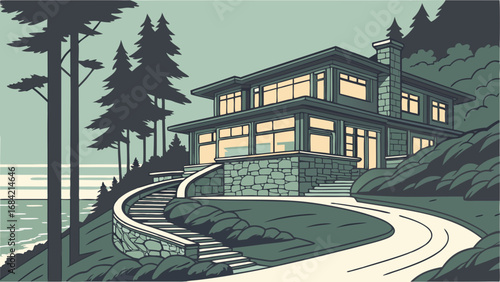 Coastal House Illustration Modern Home Design Ocean View Cliffside Property Architecture Drawing Luxury Real Estate Dream Home Seaside Residence Nature Scene Green Landscape Stone Steps Winding Drive.