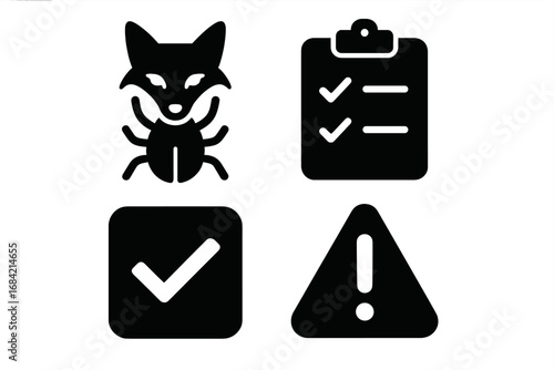 Solid glyph icon set for software testing and QA. Fox bug, virus error, test case clipboard, checkmark, and warning alert symbol. Quality assurance vector concept design.