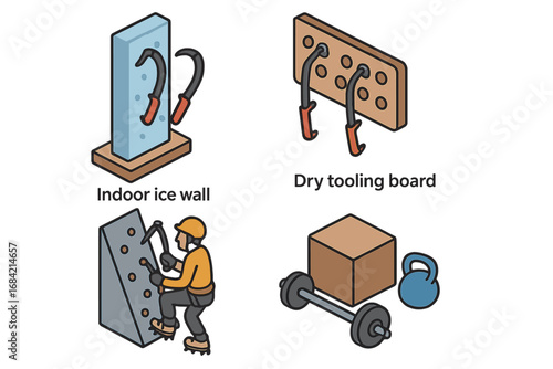 Ice climbing training & conditioning icon set. Isometric vector graphics of indoor climbing wall, dry tooling board, climber, and fitness equipment for winter sports preparation.