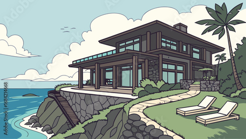 Coastal House Illustration Ocean View Home Cliffside Property Tropical Landscape Design Modern Architecture Vacation Home Seaside Villa Summer House Luxury Real Estate Dream Home Idyllic Retreat Rela.