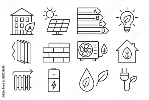 Energy efficient building icon set. Sustainable technology line icons. Green energy, solar panel, insulation, eco house, power saving concepts for graphic design vector.
