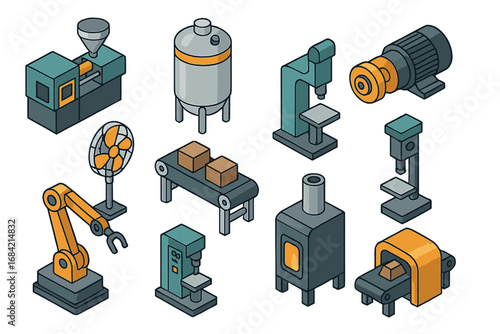 Isometric industrial equipment icon set. Factory machinery, automation, and manufacturing symbols. Vector collection of conveyor, robotic arm, press, and engine illustrations.