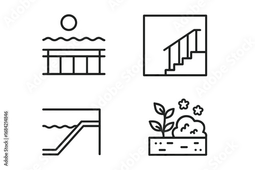 Outline icon set for home and leisure environments. Vector pictograms of seaside balcony, indoor staircase, infinity pool, and garden for web and graphic design concepts.