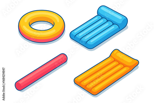 Inflatable pool accessories icon set. Isometric vector illustration of pool float ring, inflatable mattress, air bed, lilo, and pool noodle. Summer vacation and beach fun items.
