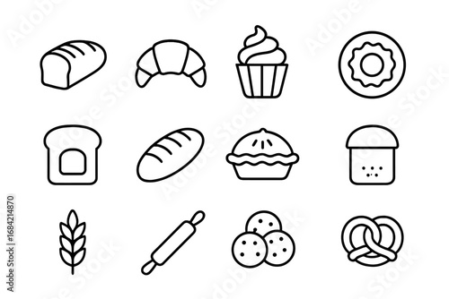 Bakery and pastry line icon set. Simple outline symbols of baked goods. Vector food icons for cafe menu including bread, croissant, cupcake, donut, pie, pretzel, cookies.