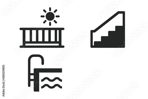 House and recreation icon set. Solid glyph symbols for home elements like balcony, stairs, and swimming pool. Vector graphic for real estate, vacation, and leisure concepts.
