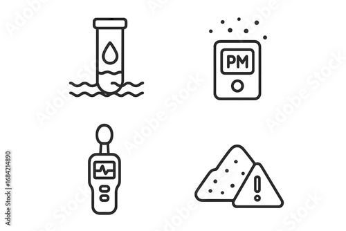 Environmental monitoring outline icons. Water quality test, air pollution analysis with PM dust monitor, noise level meter and industrial tailings pile hazard warning sign.
