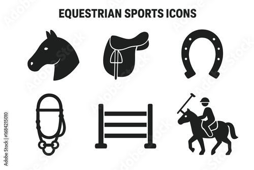 Equestrian sport solid icon set. Vector glyph collection of horse riding symbols. Horse head, saddle, horseshoe, bridle, show jumping obstacle and polo player silhouette.