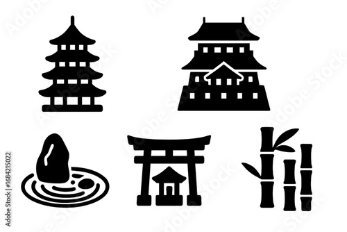 Japanese architecture icon set. Solid glyph icons of Japan travel landmarks. Pagoda, castle, torii gate, shinto shrine, zen rock garden, and bamboo. Vector silhouette symbols.