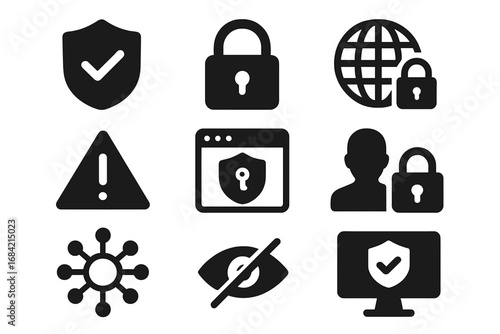 Internet security icon set. Cybersecurity, data privacy, web protection, network safety icons. Vector glyph collection for digital safety, antivirus, firewall, user privacy.