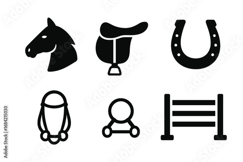Equestrian sport vector icon set. Black silhouette of horse riding equipment like saddle, horseshoe, bridle, polo mallet and jumping obstacle. Horse head pictogram.