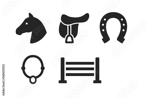 Equestrian sports icon set. Flat vector glyphs of horse head, saddle, horseshoe, bridle, and show jumping obstacle. Equine competition and horse riding concept design.