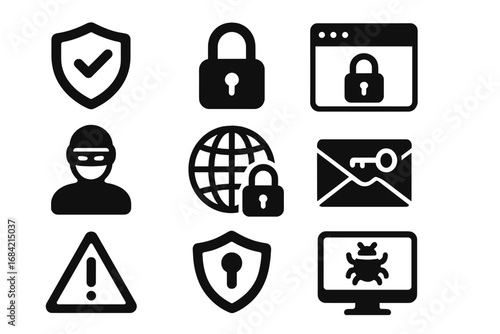 Internet security solid icon set. Vector glyphs for cybersecurity, data privacy, and web protection. Concepts include hacker, virus, malware, shield, lock, and warning signs.