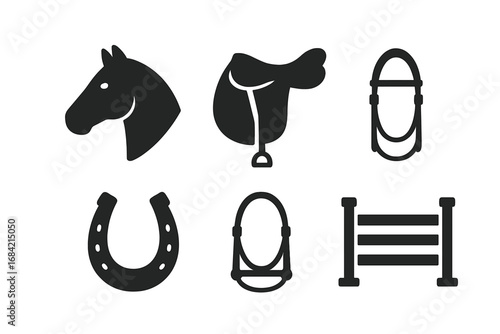 Equestrian sports icon set. Horse head silhouette, riding saddle, horseshoe, bridle, stirrup, and show jumping obstacle. Flat vector graphic elements for polo or derby.