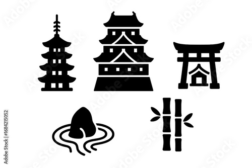 Japanese culture solid glyph icon set. Japan architecture and travel symbols. Traditional pagoda, castle, torii gate, zen garden and bamboo silhouette vector illustration.