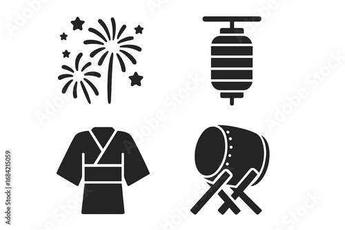 Japanese festival solid icon set. Matsuri celebration symbols. Fireworks, chochin lantern, yukata kimono, and taiko drum glyphs. Japan culture traditional vector elements.