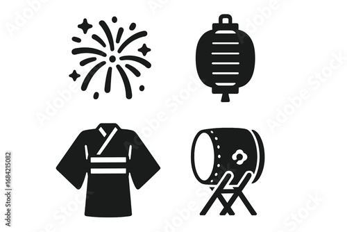 Japanese festival solid icon set. Japan summer matsuri cultural symbols. Vector collection of firework, paper lantern, yukata kimono, and taiko drum. Asian tradition glyphs.