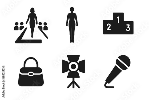 Fashion show icon set. Solid glyph icons of model on catwalk, runway podium, winner pedestal, supermodel silhouette, handbag, studio spotlight, and microphone for event.