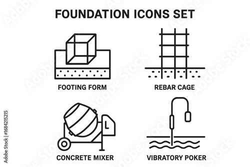 Foundation icons set. Outline vector symbols of construction process. Footing form, rebar cage, concrete mixer, vibratory poker. Building and engineering pictogram collection.