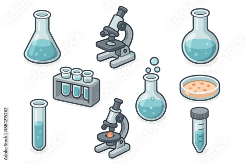 Laboratory equipment icons set in isometric style. Science research visuals for chemistry, biology. Vector cartoon illustration of microscope, flask, test tube, petri dish.