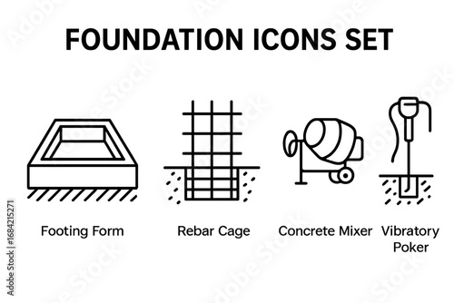Foundation icons set. Building construction elements. Outline pictograms of footing form, rebar cage, concrete mixer, vibratory poker. Vector symbols for web and print.