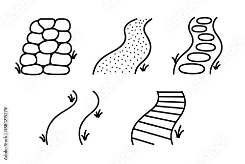 Garden path outline icon set. Collection of pathway symbols for landscape design. Stone paver, gravel trail, stepping stones, and wooden walkway. Vector linear pictograms.