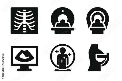 Medical imaging icon set. Solid glyphs for diagnostics, radiology. X-ray, MRI, CT, PET scan, ultrasound, mammography. Healthcare technology vector symbols collection.