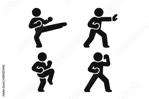 Martial arts solid icon set. Fighter silhouette pictogram. Karate side kick, palm strike, knee thrust, block stance. Self defense training concept. Combat sport vector symbol.