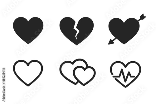 Heart icon collection. Vector set of flat love shapes including solid, broken, cupid's arrow, outline, double heart, and heartbeat cardiogram. For health, romance, Valentine.