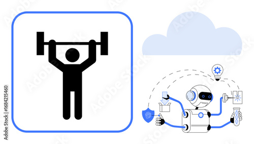 Person lifting barbell paired with a multitasking robot holding various objects and icons. Highlights human strength and AI innovation. Ideal for fitness, technology, automation, productivity