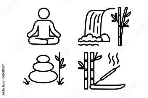 Zen meditation line icon set. Vector symbols of yoga lotus pose, waterfall, balanced stones, bamboo, and incense. For spiritual retreat, spa, wellness, and harmony concepts.