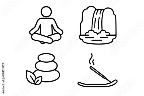 Meditation icon set for wellness and mindfulness. Vector line art of yoga lotus pose, zen stones, waterfall, and incense for spa, retreat, and spiritual balance concepts.