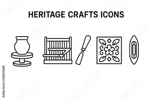 Heritage crafts outline icon set. Traditional artisan skills concept. Includes pottery wheel, weaving loom, wood carving chisel, decorative block print, and textile shuttle.