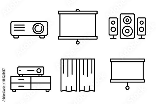 Home cinema outline icon set. Vector line art symbols for home theater setup. Projector, screen, surround sound speakers, media console and blackout curtains illustration.