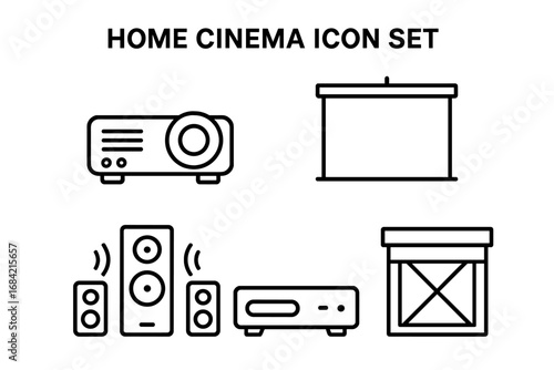 Home cinema outline icon set. Vector line art symbols for home theater setup. Projector, screen, surround sound speakers, media player, and receiver entertainment icons.